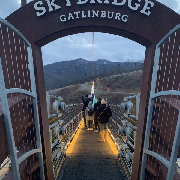 a group of people on a bridge
