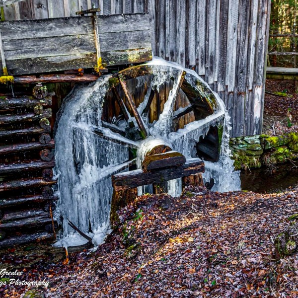 a wooden bench sitting in front of a fence